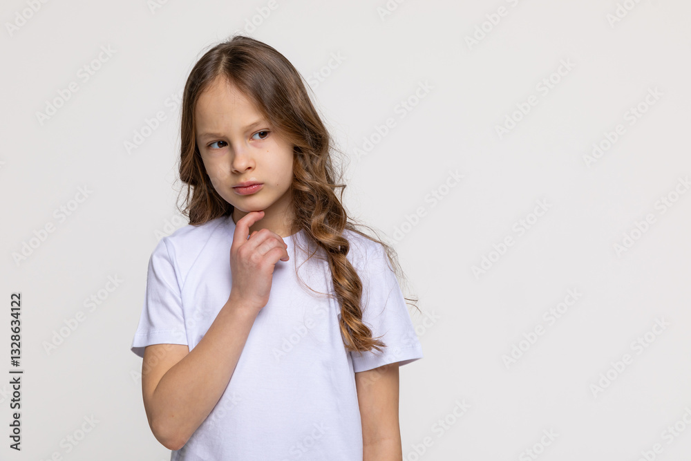 Little thoughtful girl in white t-shirt holding index finger to chin, looking on empty white background. Copy space. Mock up. Children emotions concept. High quality photo. Little thoughtful girl in white t-shirt holding index finger to chin, looking on empty white background. Copy space. Mock up. Children emotions concept. High quality photo.