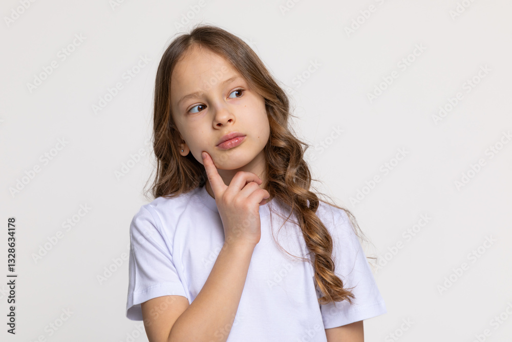 Little thoughtful girl in white t-shirt holding index finger to chin, looking on empty white background. Copy space. Mock up. Children emotions concept. High quality photo. Little thoughtful girl in white t-shirt holding index finger to chin, looking on empty white background. Copy space. Mock up. Children emotions concept. High quality photo.