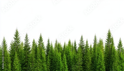Lush green evergreen forest treetops against a bright white background. Image features a dense row of pine trees, creating a natural border.