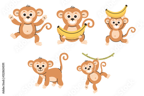 Adorable Monkey Cartoon Characters Performing Various Activities and Poses