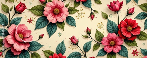 Ager wallpaper pattern with various floral motifs in a vintage patchwork style, pattern, old-fashioned