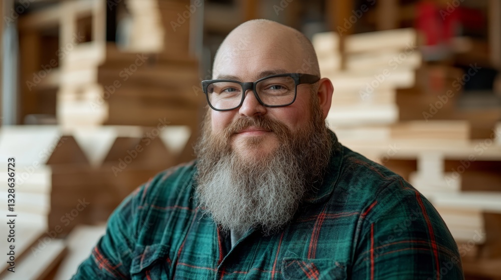 Fototapeta premium Woodworker smiles confidently in a workshop surrounded by various woodworking projects and tools