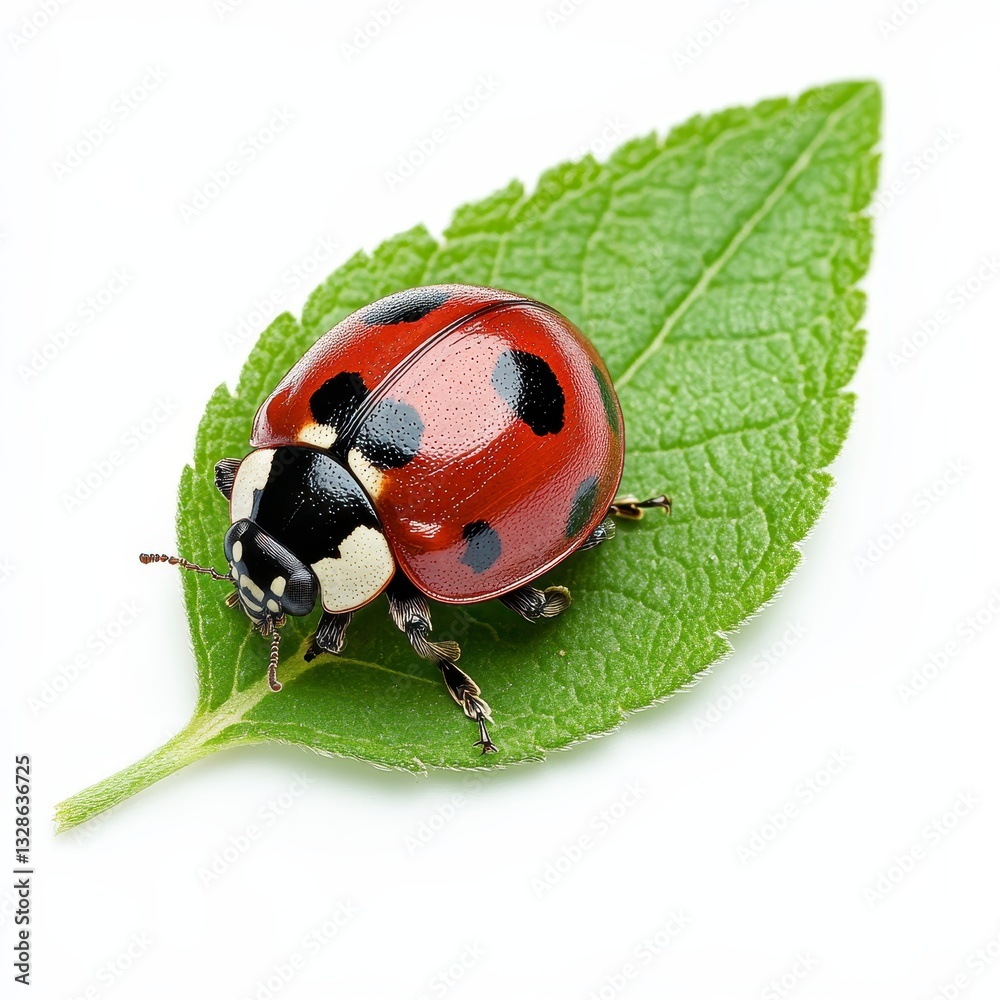Fototapeta premium Vibrant Ladybug on a Lush Green Leaf, Detailed Macro Photography