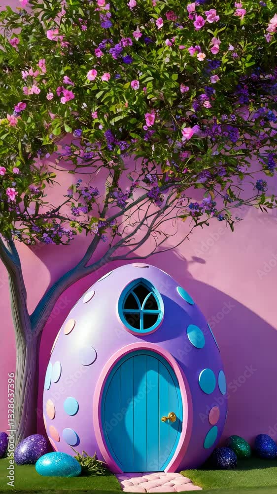 Pink cartoon house in the shape of easter egg with flowering tree nearby, swaying in the wind