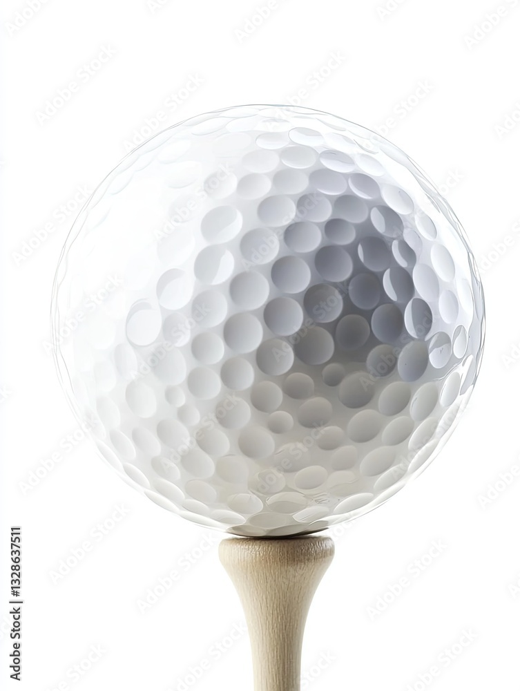 Pristine golf ball poised on tee against bright, clean background Pristine golf ball poised on tee against bright, clean background