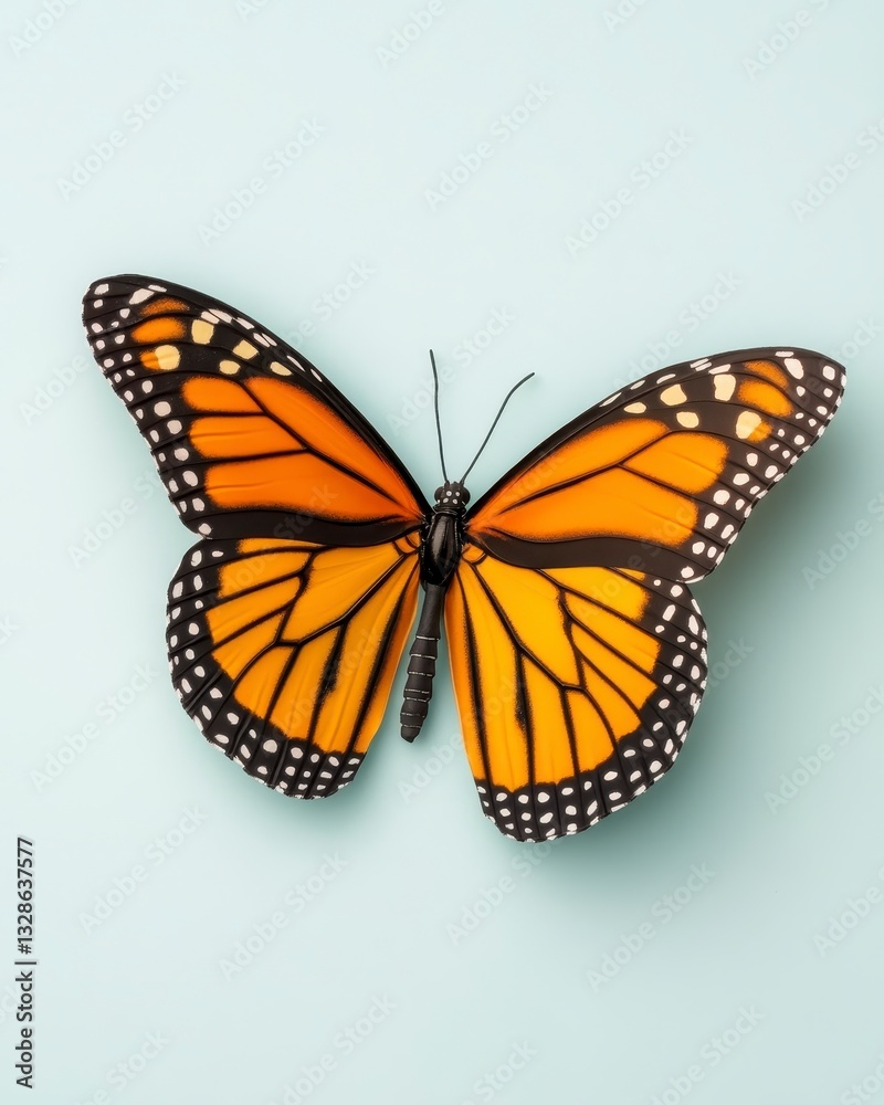 Obraz premium Vibrant Monarch Butterfly Close Up on Pale Blue Background, Detailed Wing Pattern, Nature Photography