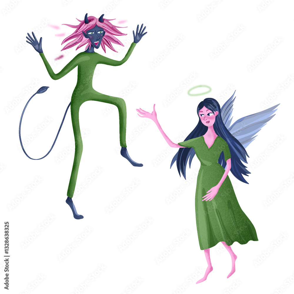 Cute illustration of a playful angel and demon, whimsical style. Soft green, pink, and blue tones. Hand-drawn digital art perfect for kids' designs, fantasy themes, nursery prints, character concepts Cute illustration of a playful angel and demon, whimsical style. Soft green, pink, and blue tones. Hand-drawn digital art perfect for kids' designs, fantasy themes, nursery prints, character concepts