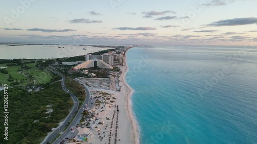 Wallpaper Mural Beautiful aerial view of Cancun beach, showing hotels and turquoise water at sunset, playa delfines Torontodigital.ca