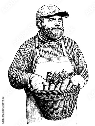 Engraved illustration of a robust farmer proudly holding a basket of freshly harvested vegetables ready for packaging and sale