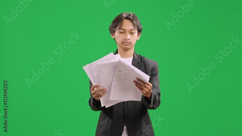 Professional employee tossing paperwork and ignore overwork on a green screen. Workplace stress relief with dynamic movement. Greenscreen, office, success, freedom, joy