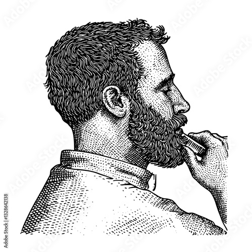 Intricate engraving of a man grooming his beard in a classic tattoo art style for unique packaging designs