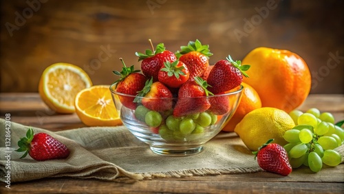 Wallpaper Mural A vibrant still life featuring a glass bowl overflowing with ripe strawberries and green grapes, complemented by juicy oranges and a fragrant lemon, all artfully arranged on a rustic wooden surface. Torontodigital.ca