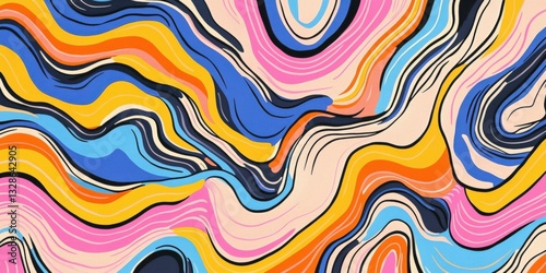 wavey abstract smooth lines Bold, flat contour lines in alternating vibrant colors such as fuchsia, orange, cyan, and yellow. The clean, graphic style emphasizes contrast and energy.