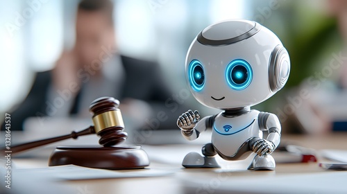 A tiny confident robot lawyer standing near a courtroom desk with a judge s gavel and stacks of legal documents symbolizing the intersection of technology and legal regulations