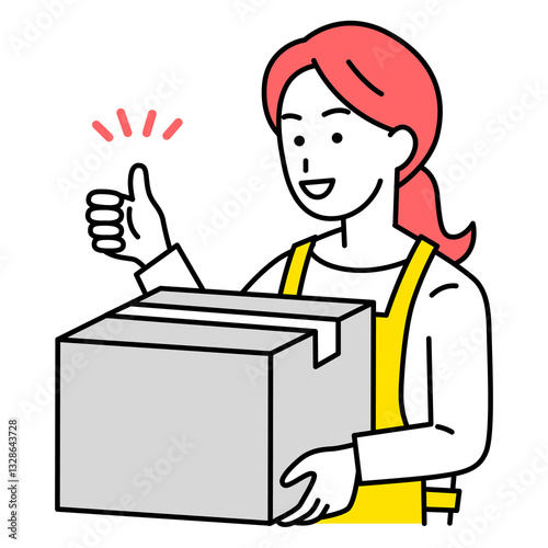 荷物を運びながらグッドサインをする女性の店員