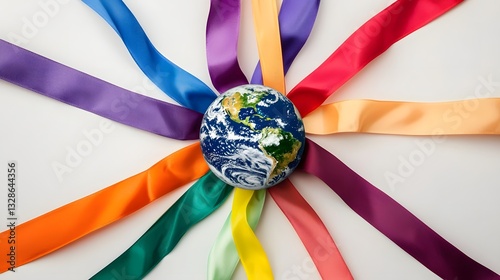 An abstract image depicting the Earth sphere placed at the center surrounded by a vibrant array of colored ribbons each representing different social environmental and humanitarian causes