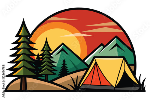 Camping in the mountains sunset scene vector illustration