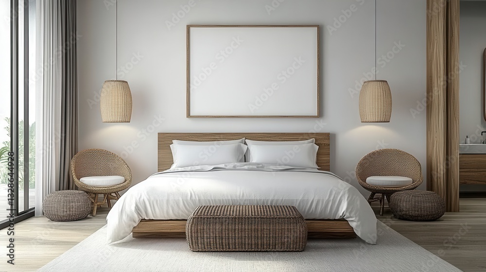 Minimalist bedroom interior design with a large bed, two armchairs, and a large empty frame on the wall. Neutral colors and natural materials are used throughout. Minimalist bedroom interior design with a large bed, two armchairs, and a large empty frame on the wall. Neutral colors and natural materials are used throughout.