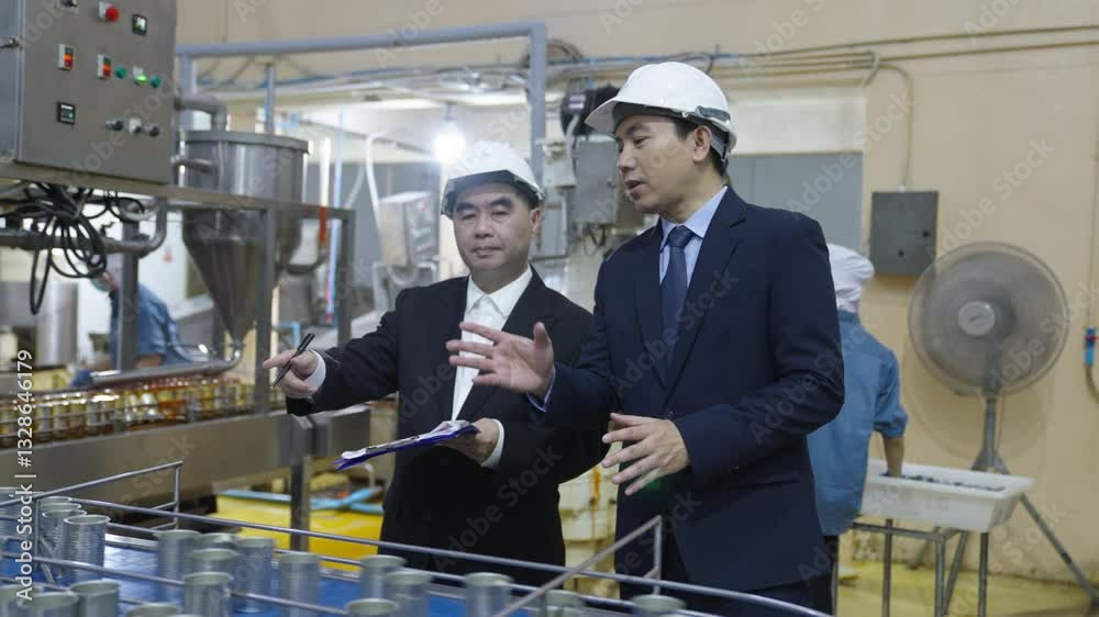 The manager, wearing a suit, inspects the factory. The manager, wearing a suit, inspects the factory.