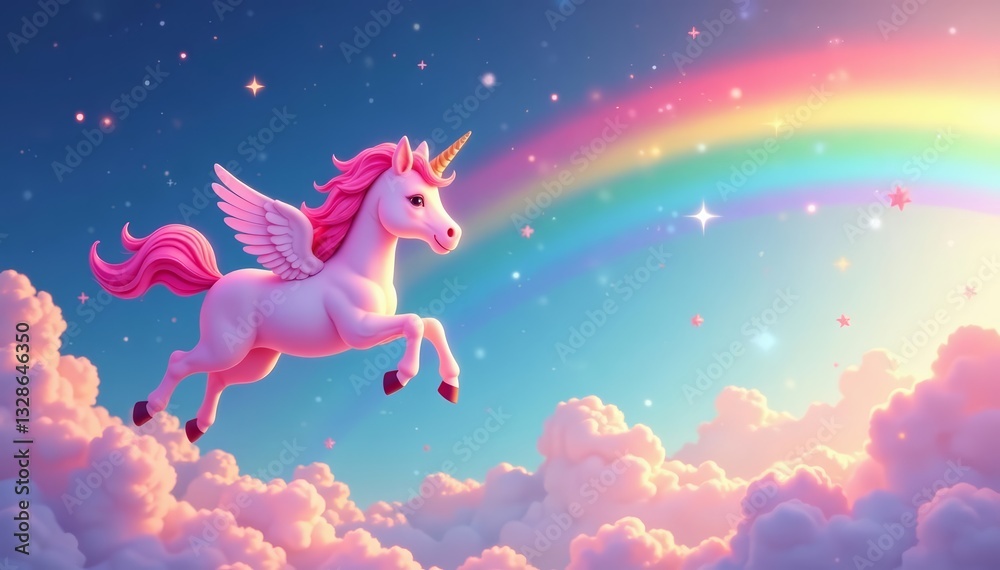 Fototapeta premium Cute pink unicorn flying in the sky with rainbow, clouds, and stars, clouds, sky, cute