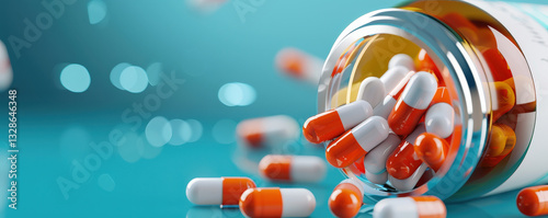 glass bottle of orange and white capsules spills onto blue surface, highlighting concept of medication and healthcare. image conveys sense of precision and modern pharmaceutical research