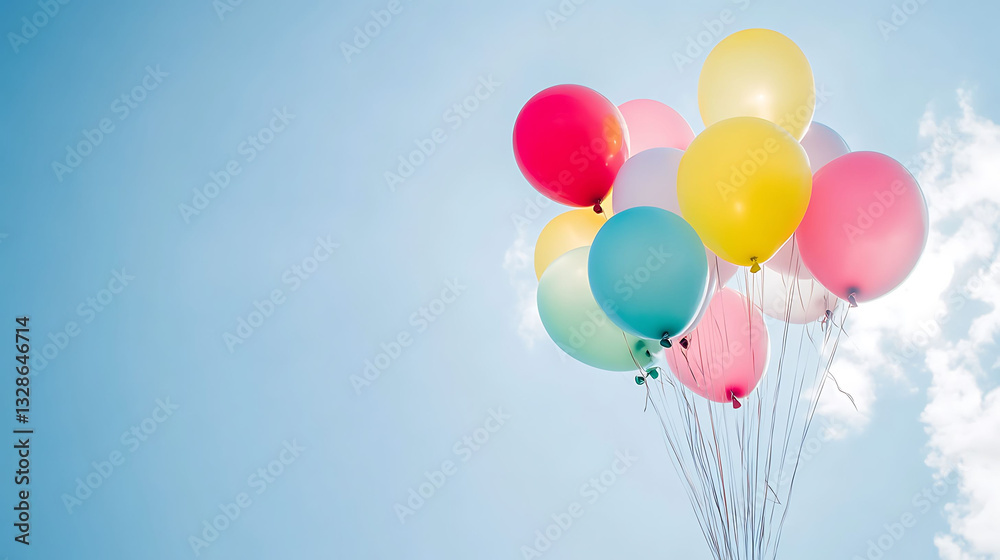 Colorful group of balloons floating in the blue sky, perfect for summer holidays, celebrations, and festive party themes. Colorful group of balloons floating in the blue sky, perfect for summer holidays, celebrations, and festive party themes.