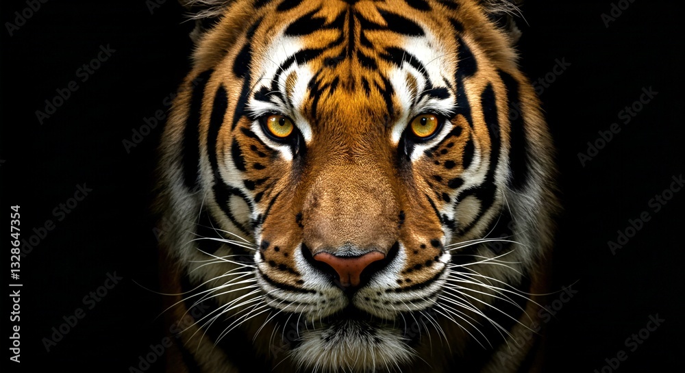 Obraz premium A powerful and intense close-up of a Bengal tiger's face, its piercing amber eyes staring directly ahead. 