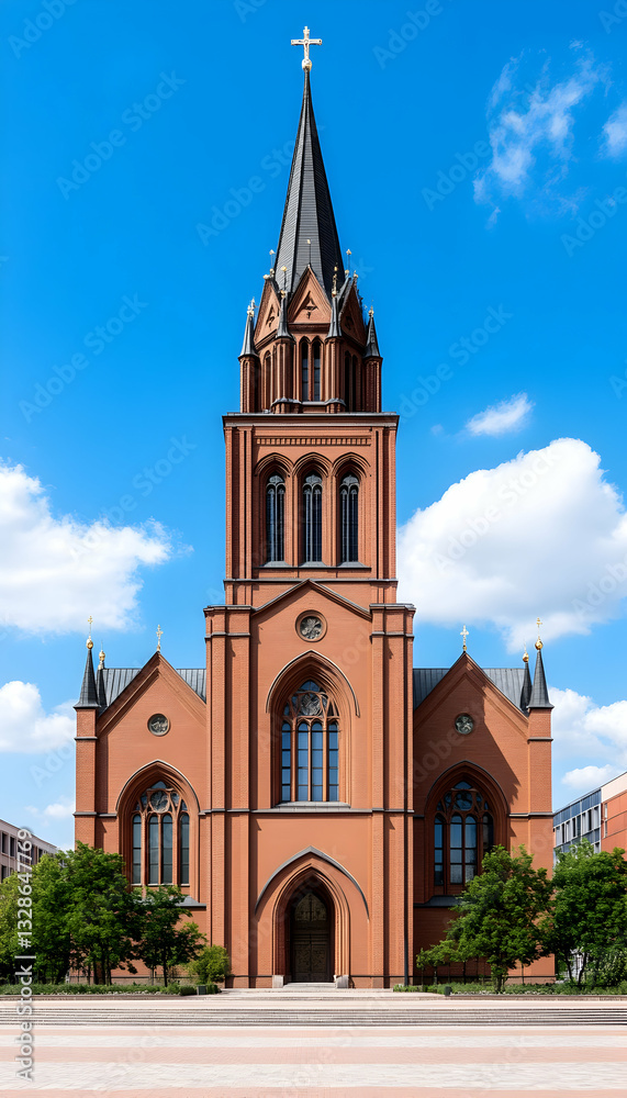 Obraz premium A majestic brick church with a tall, pointed spire under a bright blue sky
