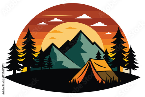 camping in the mountains T-shirt design with sunset