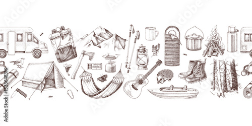 Camping hand drawn vector seamless border.