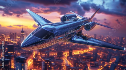 Luxury jet plane soaring over illuminated cityscape at twilight