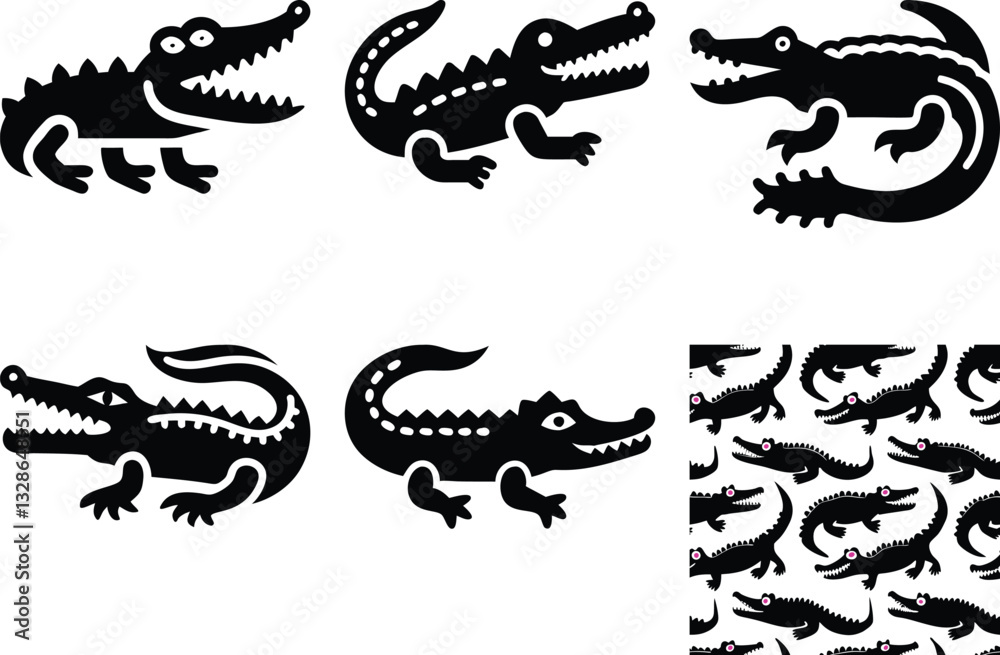 Black Crocodile Silhouettes Vector Set: Cartoon Alligators, Reptile Icons, Simple Flat Design, Seamless Pattern Background