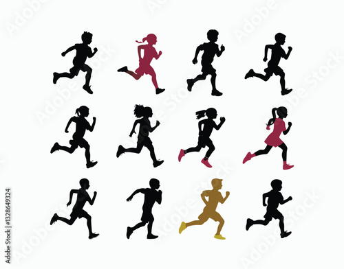 Children Running Silhouette EPS Vector Template Illustration