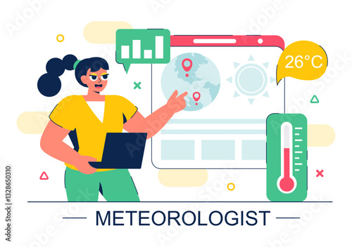 Meteorologist Vector Illustration featuring a Weather Forecaster Analyzing Atmospheric Precipitation Maps and Weather Patterns in a Flat Background