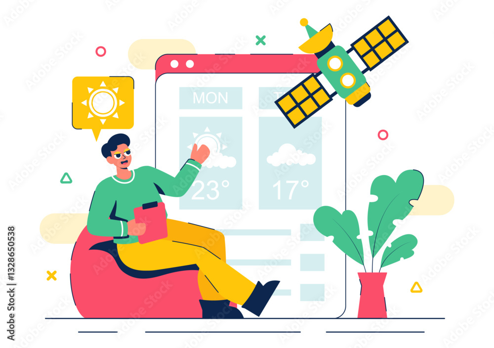 Meteorologist Vector Illustration featuring a Weather Forecaster Analyzing Atmospheric Precipitation Maps and Weather Patterns in a Flat Background Meteorologist Vector Illustration featuring a Weather Forecaster Analyzing Atmospheric Precipitation Maps and Weather Patterns in a Flat Background