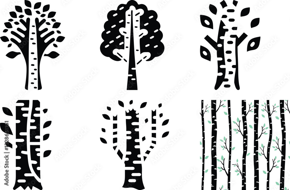 Black and White Birch Tree Silhouettes: Vector Illustrations of Forest Trees, Minimalist Nature Art, Graphic Design Elements Black and White Birch Tree Silhouettes: Vector Illustrations of Forest Trees, Minimalist Nature Art, Graphic Design Elements