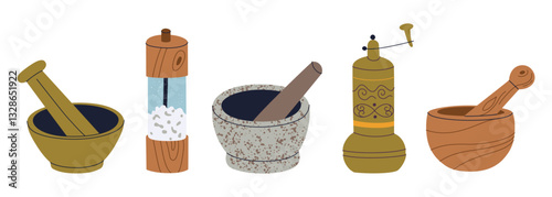 Set of mortar and pestle vector illustrations, flat cartoon spice mills and coffee grinders icon collection. Granite, wooden, and copper doodle mortars. Modern and traditional mills for spices, coffee
