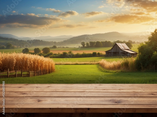 An empty wooden table stands in front of a blurred rural farm backdrop, perfect for displaying organic and agricultural products.