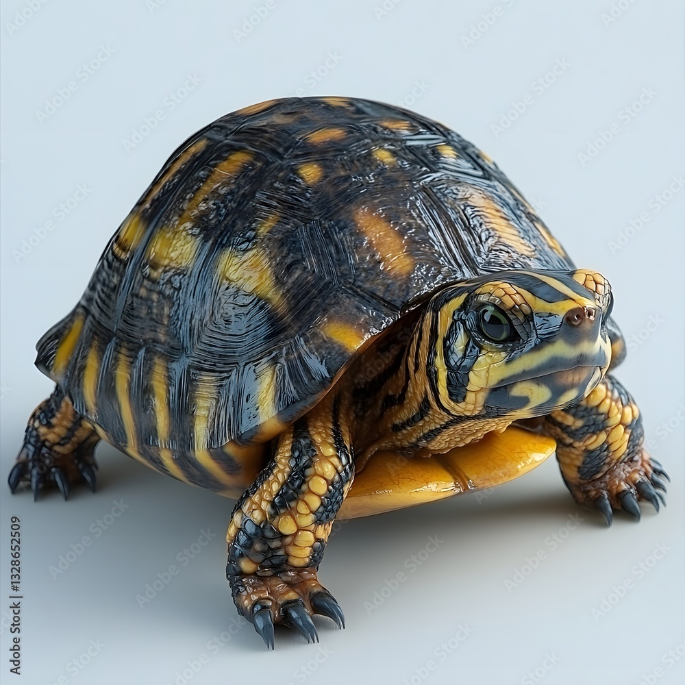 Obraz premium A detailed close-up shot of an Eastern Box Turtle, showcasing its intricate shell pattern and textured skin. Detailed Animal isolated on white background. Box Turtle Close-Up