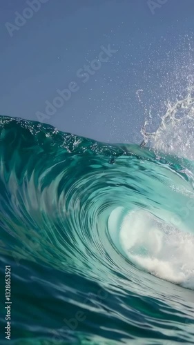 Majestic ocean wave curling under clear sky captured in motion