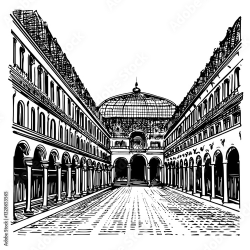 Engraved vector illustration capturing the grandeur of an architectural courtyard with intricate details and serene ambiance