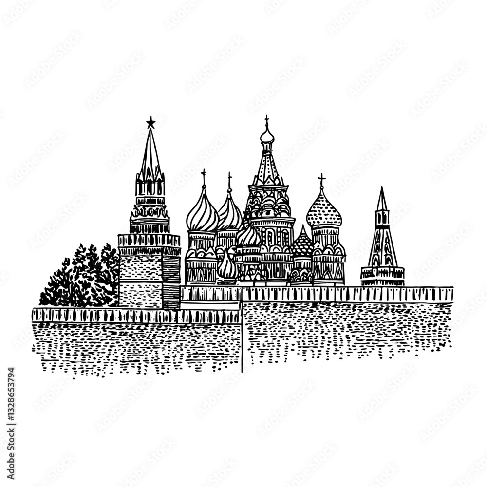 Naklejka premium Engraved vector illustration of a historic Russian castle with detailed towers and domes captured in an artistic tattoo style