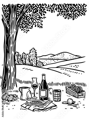 Elegant picnic setup under a sprawling tree in a serene landscape, featuring delicious snacks and refreshing beverages