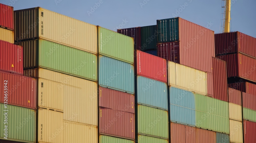 Stacks of vibrant shipping containers are visible at a bustling port, illuminated by the warm glow of the setting sun. This location highlights significant global trade activities Stacks of vibrant shipping containers are visible at a bustling port, illuminated by the warm glow of the setting sun. This location highlights significant global trade activities