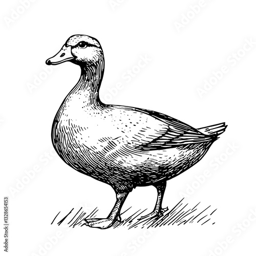Engraved vector illustration of a duck walking in a field, perfect for tattoos and packaging designs