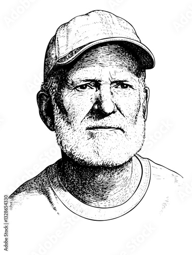 Portrait of a seasoned man with a cap, embodying wisdom and experience in a timeless engraved style