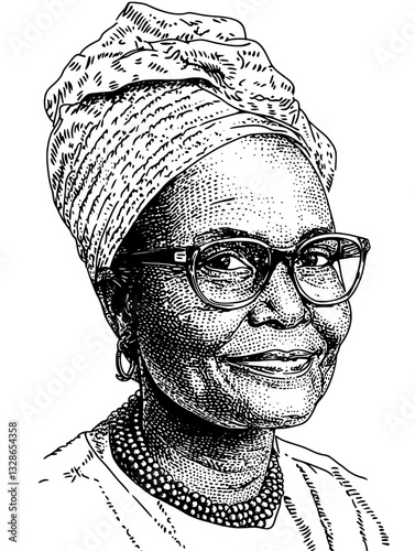 Engraved vector illustration of a dignified woman adorned with traditional attire and glasses, perfect for tattoo and packaging design