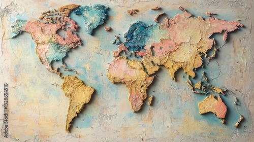 Fototapeta Naklejka Na Ścianę i Meble -  Colorful textured world map art with detailed continents on rustic background