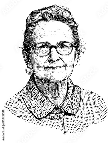 Engraved illustration of a thoughtful elderly woman with glasses, embodying wisdom and nostalgia for creative tattoos and packaging designs