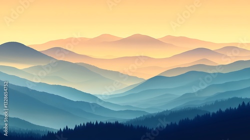 Layered mountains at sunset, serene landscape with golden sky, scenic backgrounds for prints